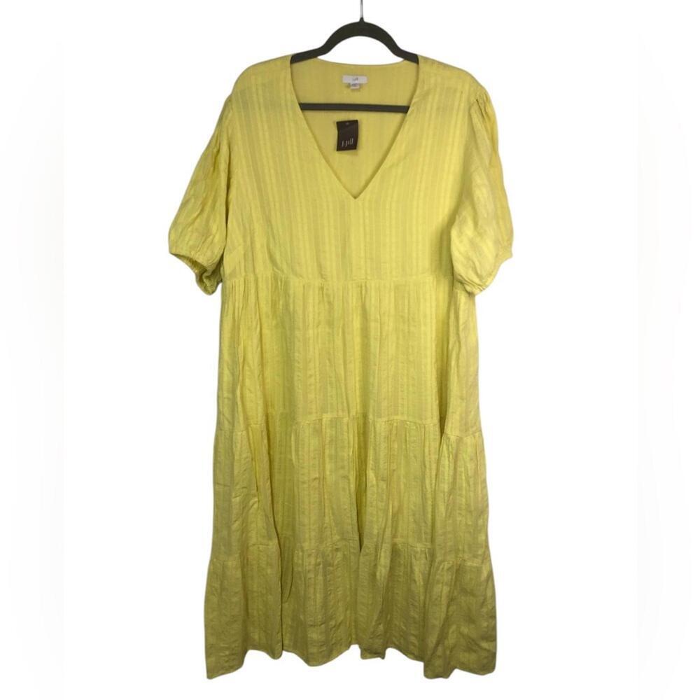 J.Jill Sunny Yellow Dress Pull Over Puff Sleeve V Neck Tiered Skirt Lined Bodice